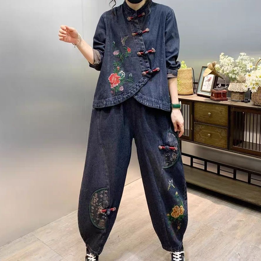 Vintage Fashion Jeans - Vintage Button Loose Embroidered Flower Denim