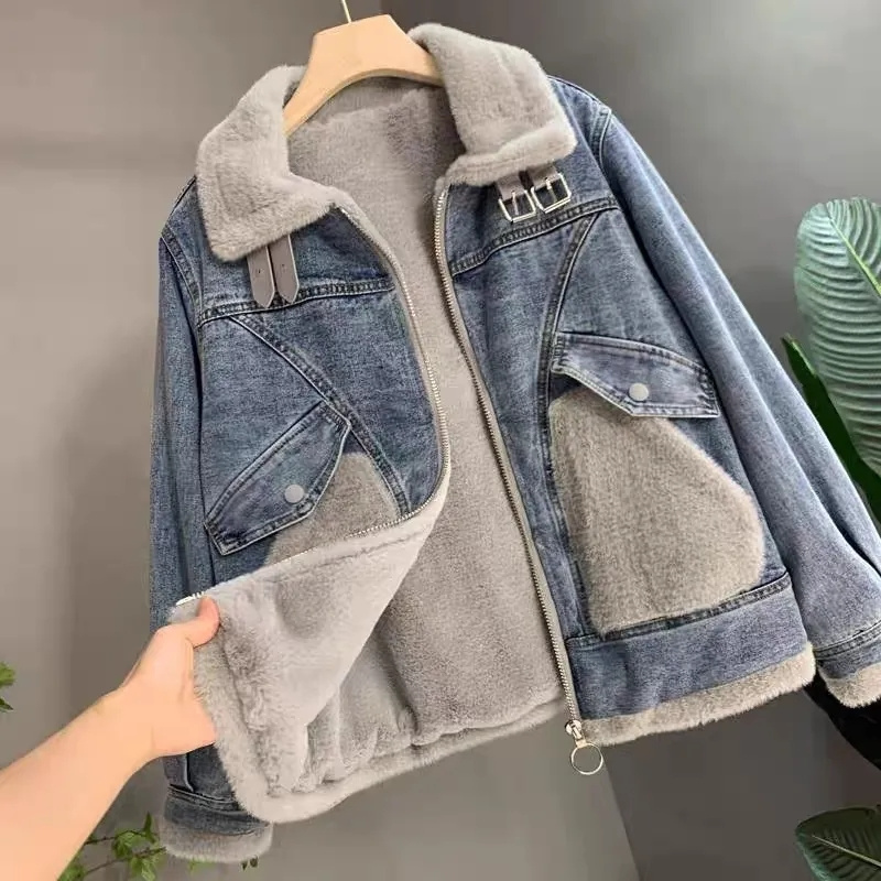 Faux Mink Velvet Stitching Den - огляд і ціна Patchwork Jean Jacket