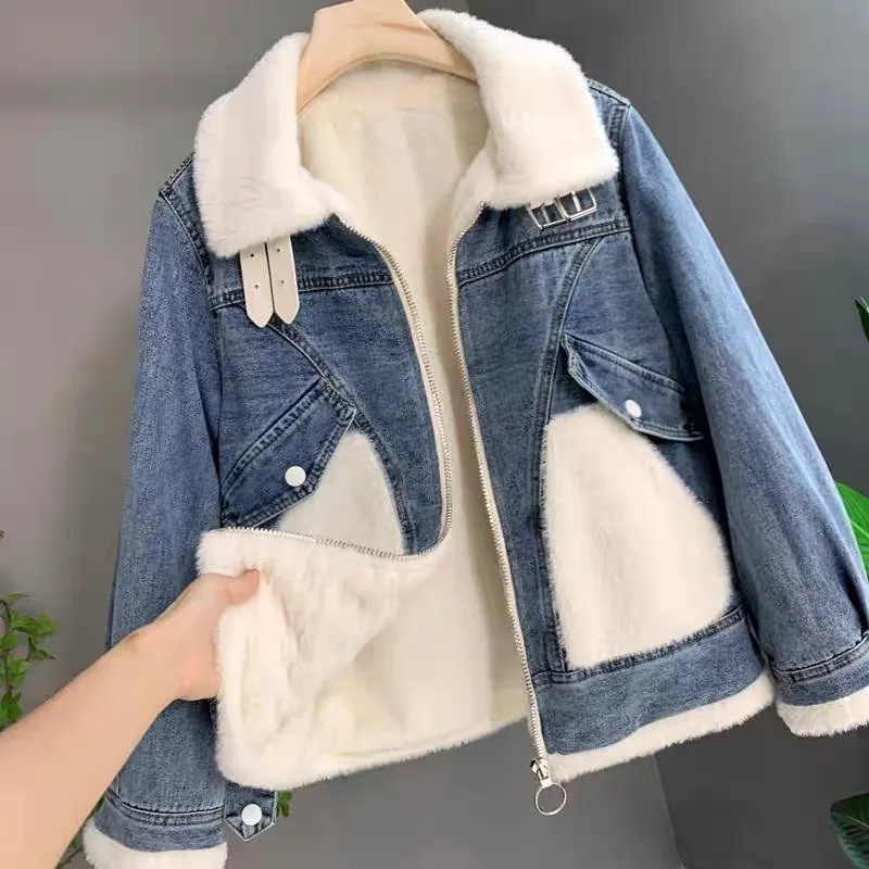 Faux Mink Velvet Stitching Den - огляд і ціна Patchwork Jean Jacket
